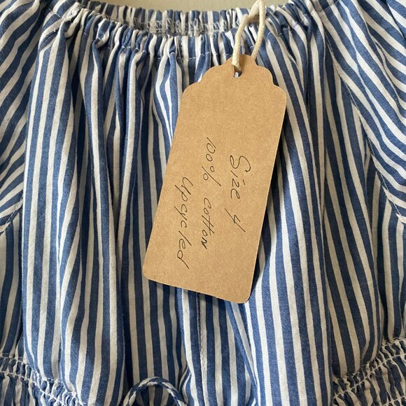 Handmade Children's Blue White Stripes Upcycled 100% Cotton Ruffle Dress - Picture 4 of 15